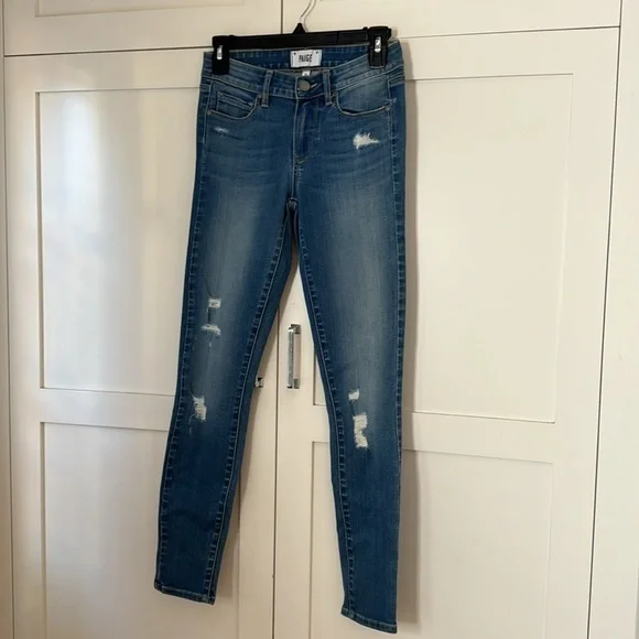 Paige Medium Blue Denim skinny Jeans Holes size 28 New - Picture 3 of 12